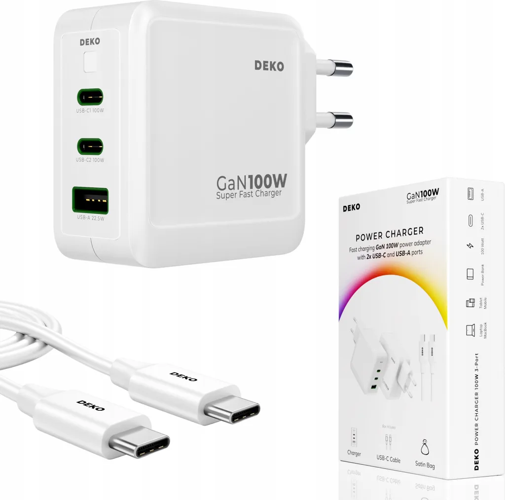 Caricabatterie Rapido 100W USB-C Universale GaN 3 Porte con Cavo 2m