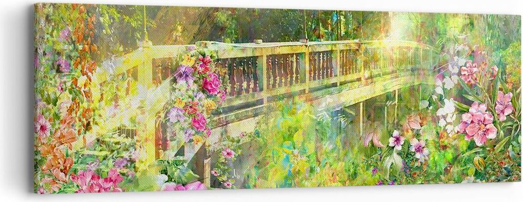 Bild auf Leinwand - Leinwandbild - Brücke Park Blume Frühling - 90x30cm - Wand Bild - Wanddeko - Leinwanddruck - Bilder - Kunstdruck - Wanddekora...
