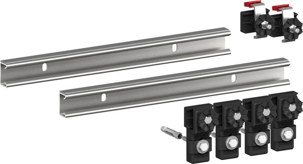 Two metal mounting rails and four black mounting brackets are displayed against a white background.