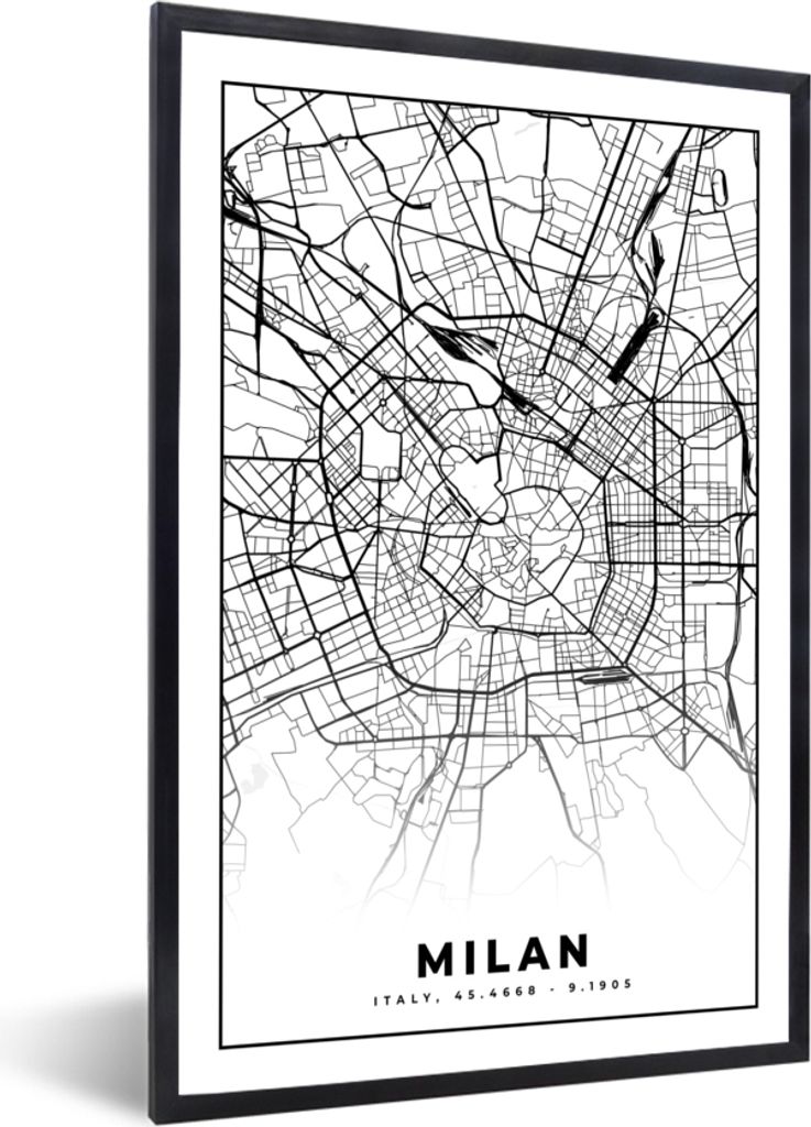 MuchoWow Gerahmtes Poster Mailand - Stadtplan - Schwarz und weiß - Karte 40x60 cm - Poster mit Schwarzem Bilderrahmen Wandposter Rahmen Foto Bil...