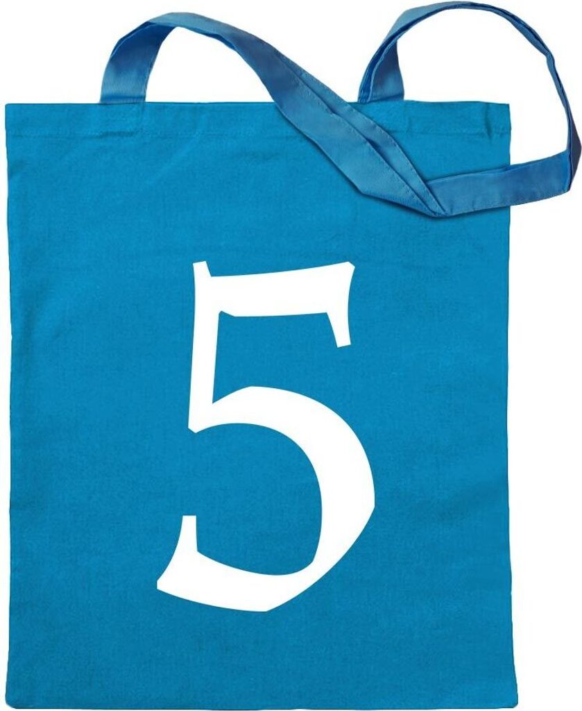 Kiwistar - Baumwolltasche - hellblau - Zahl 5 - Zahlen Nummern - Turnbeutel Fun Rucksack Sport Beutel Gymsack Ziehgurt