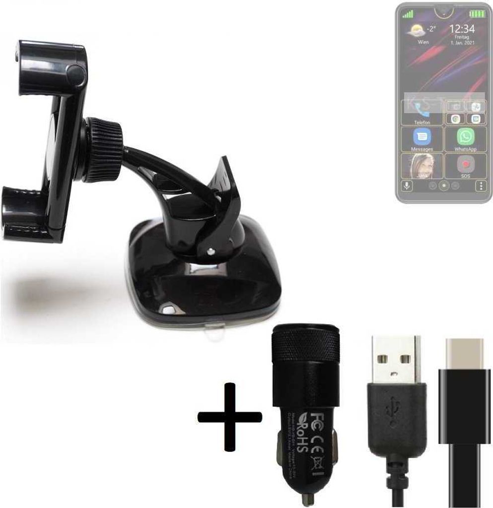 K-S-Trade Handy-Halterung kompatibel mit Bea-fon M6s Windschutzscheibe / Armaturenbrett + LADEGERÄT mit Mico USB Kabel Autohalterung