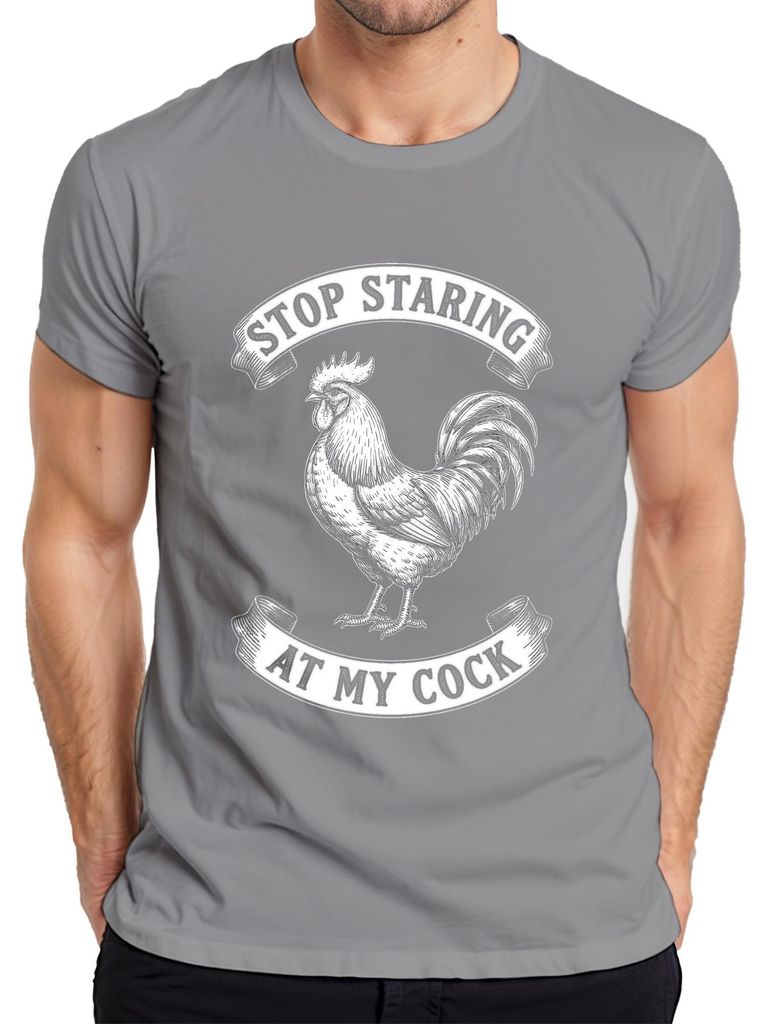 Stop Staring At My Cock Hahn Bauernhof Lustig Retro Geschenk Herren T-Shirt, Grau, 3XL