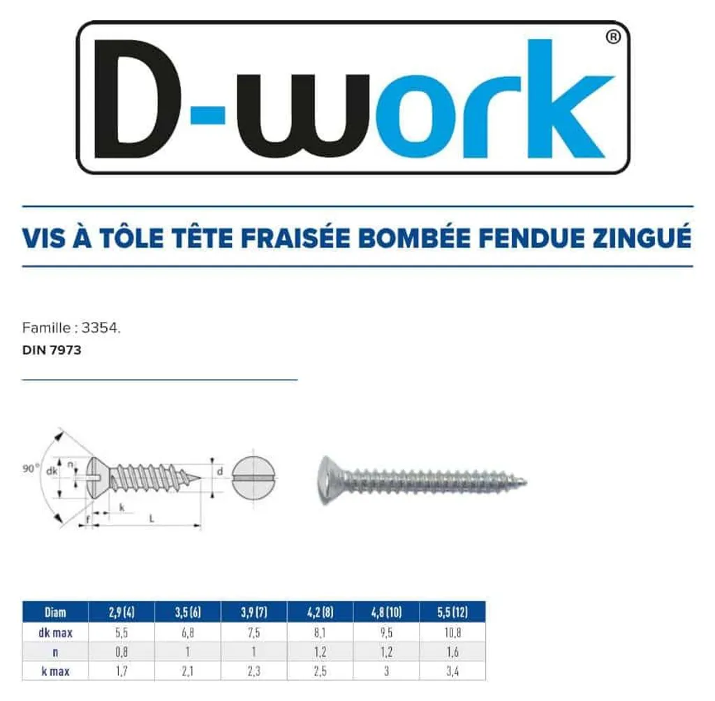 Vis à Tôle DIN 7973 en Acier Zingué 3.9 x 19 mm Tête Bombée Goutte de Suif