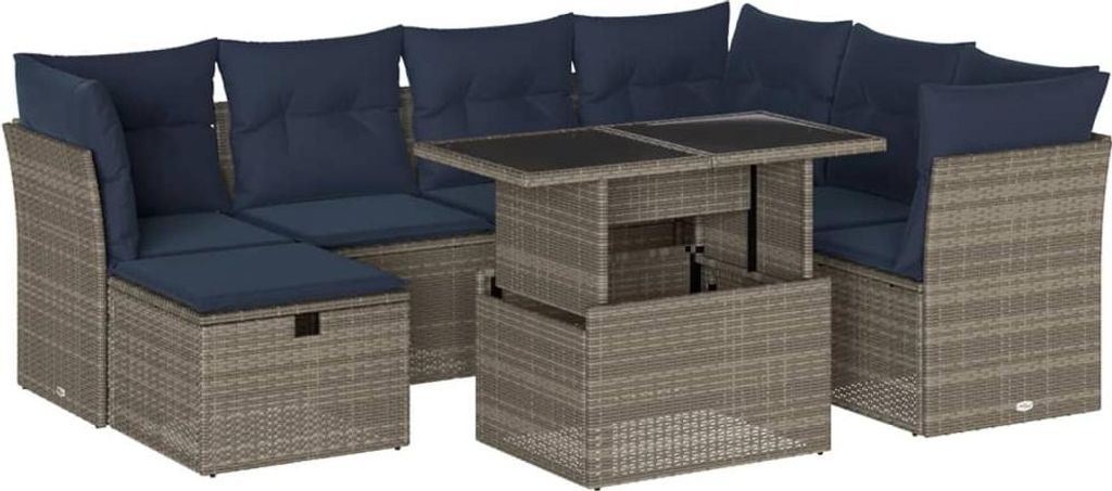 8-teiliges Gartensofa-Set mit Kissen, grau, Polyrattan