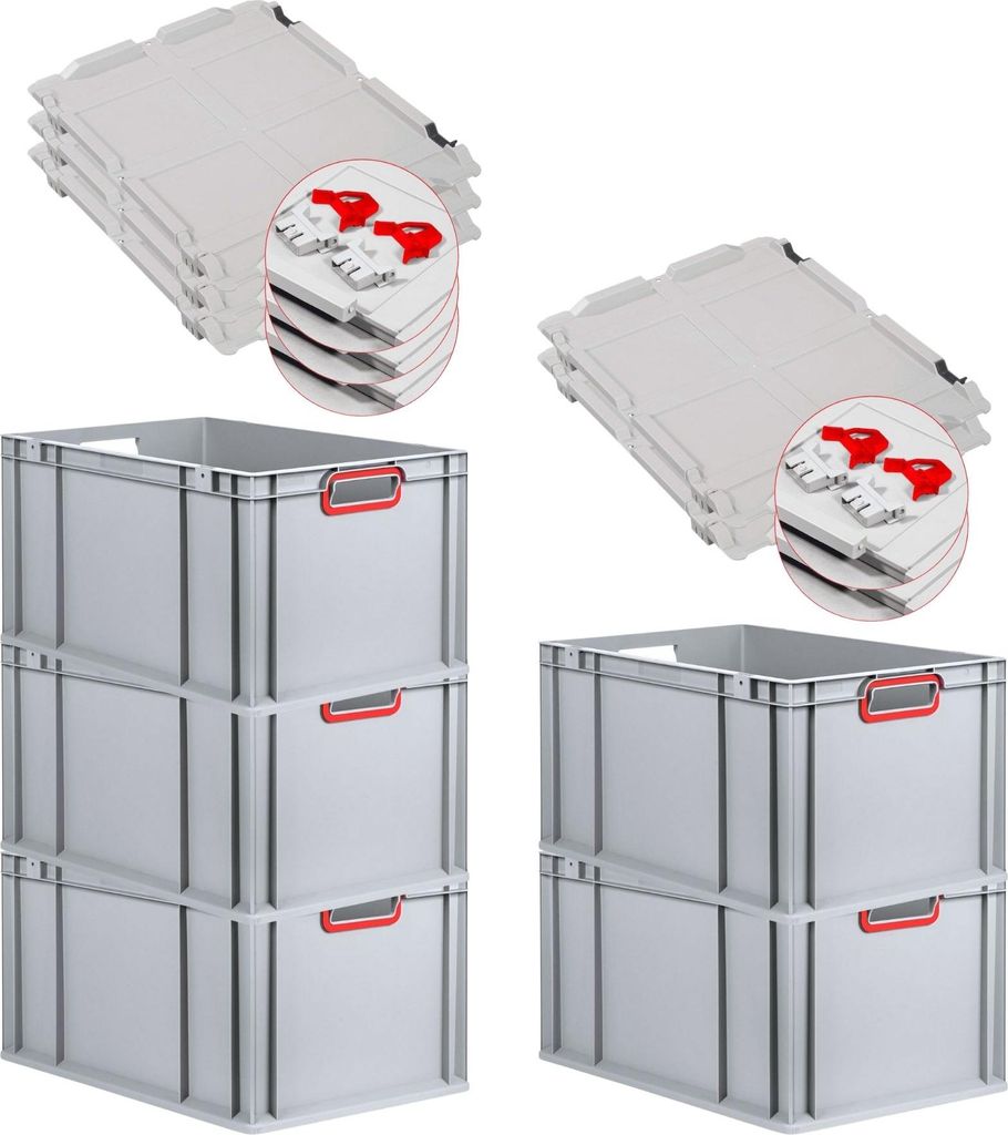 SuperSparSet 5x Eurobox NextGen Color mit Scharnierdeckel und Schiebeschnappverschlüssen | HxBxT 32x40x60cm | 65 Liter | Griffe rot offen | Verst...