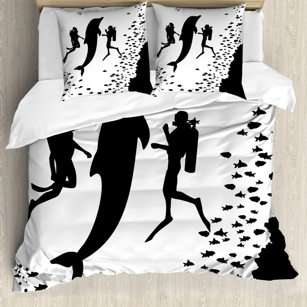 ABAKUHAUS Delfin Bettbezug, Scuba Divers Schwimmen, Milbensicher Allergiker geeignet mit Kissenbezügen, 155 cm x 220 cm - 80 x 80 cm, Schwarz-Weiss