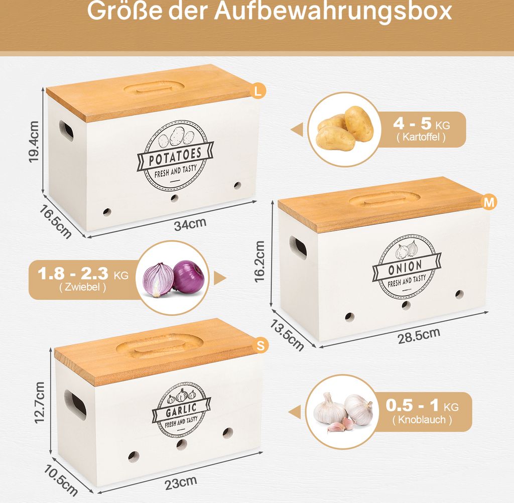 Kartoffel Aufbewahrungsbox 3er Set, Kartoffeln, Knoblauch Produktbild 2