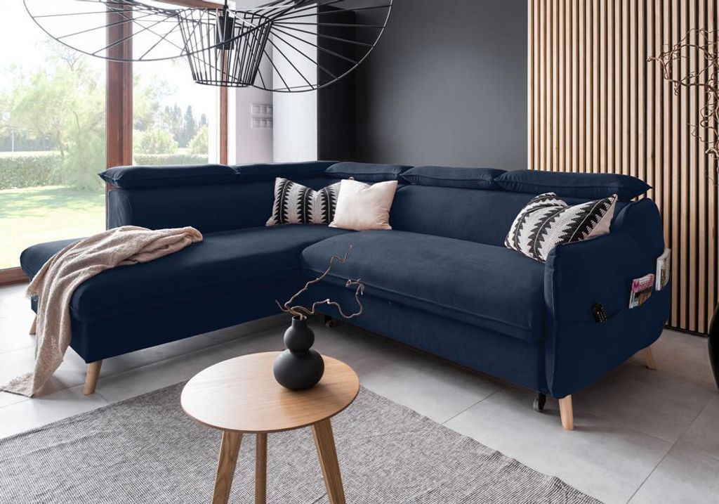 MIUFORM Sweet Harmony - Ecksofa mit Bettfunktion und Bettkasten L-FORM LINKS - 253x208cm - Velours Marineblau - Sofa Schlafsofa Couch