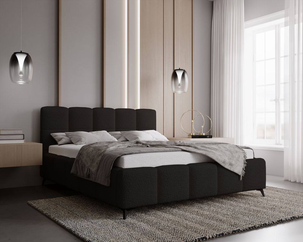 Polsterbett 160x200 Kastilo mit Metall-Lattenrost - Doppelbett, Schlafzimmer - Bettkasten, Kopfteil, Bouclé Schwarz