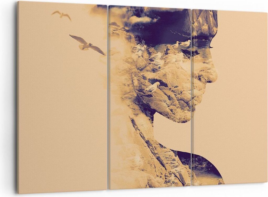 Bild auf Leinwand - Leinwandbild - 3 Teile - Frau Vögel Fotomontage - 105x70cm - Wand Bild - Wanddeko - Wandbilder - Leinwanddruck - Bilder - Wand...