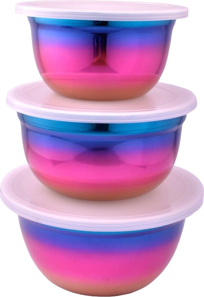 Schüsseln Edelstahl 3er Satz farbig Rührschüssel Kunststoff Frischhaltedeckel transparent weiß Haushalt Gastrobedarf Schulz 211290
