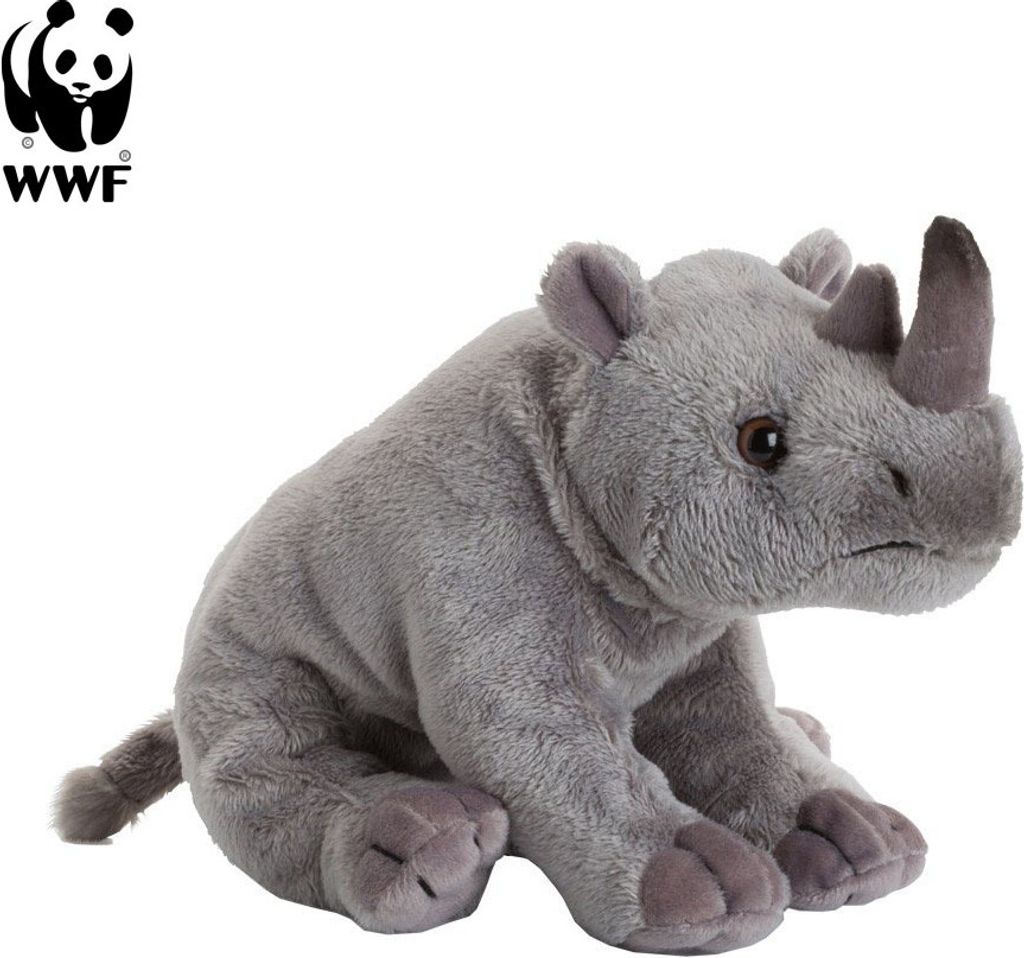 A plush toy rhino is shown sitting on a white background, with the WWF logo in the top left corner.