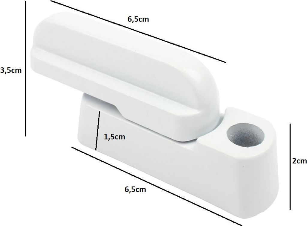 A white window lock with dimensions indicated by lines and text.