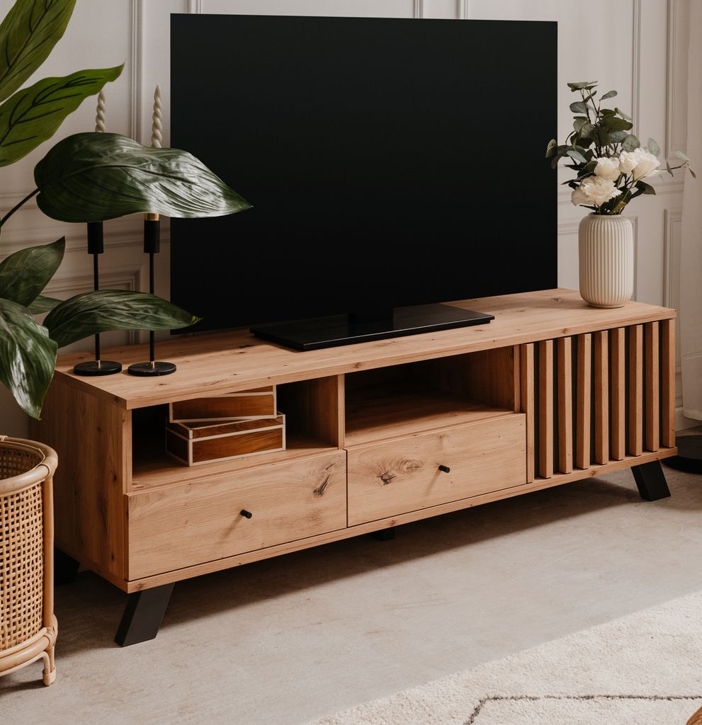 TV Lowboard "Madem" Flat-TV Unterschrank in Eiche Artisan 140 cm, mit Holzlamellen