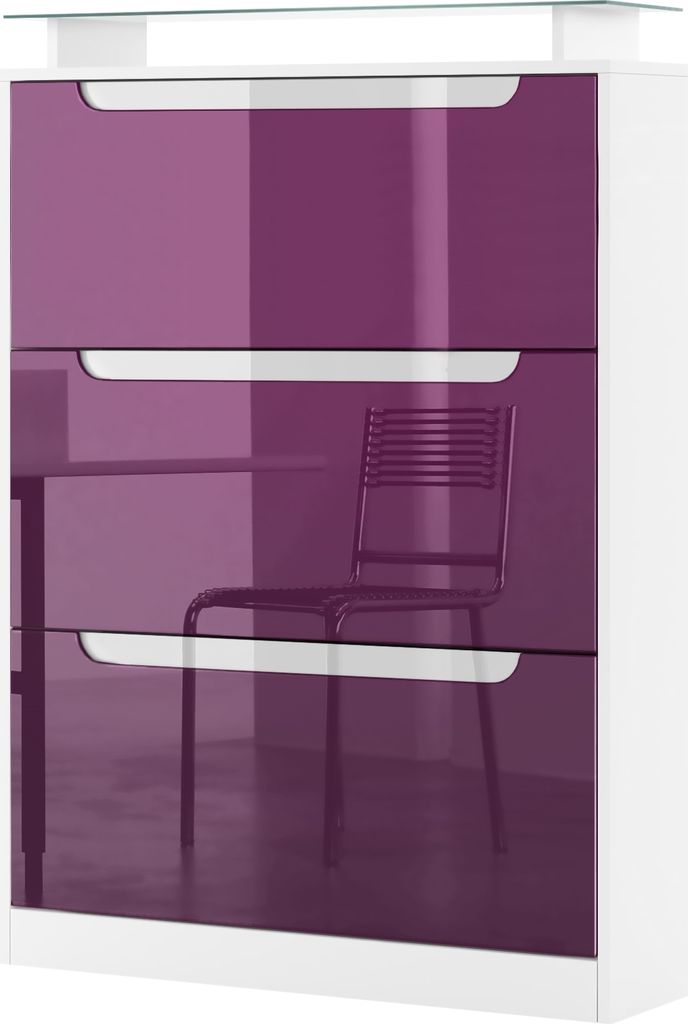 Vladon Schuhschrank Space, Germany, Schuhkipper für 24 Paar Schuhe mit 3 Klappen und Glasablage, Weiß matt/Brombeer Hochglanz mit Absetzungen in ...