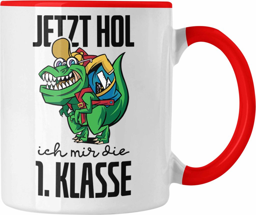 Trendation - Tasse Einschulung Dino T-rex Motiv Geschenk für Jungs in der 1. Klasse Schulstart (Rot)