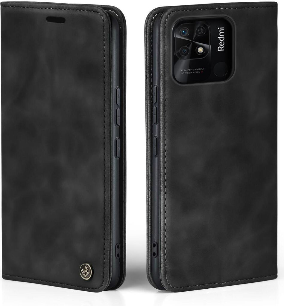 A black flip case for a Xiaomi Redmi 10C phone is shown from two angles.