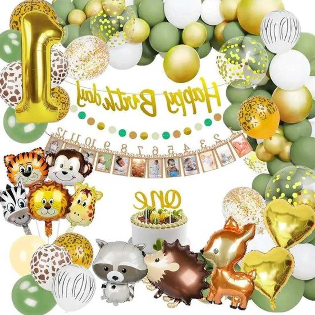 Kit Ballons Animaux Jungle Vert et Marron - Déco Anniversaire 1 an Bébé