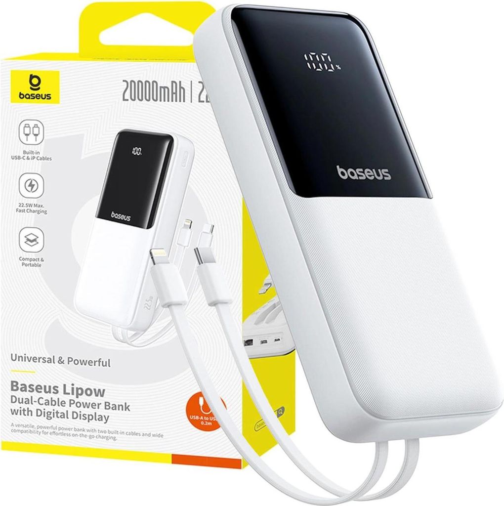 BASEUS POWERBANK 20000 mAh 22,5W USB-C USB MIT EINGEBAUTEN KABELN USB-C LIGHTNING