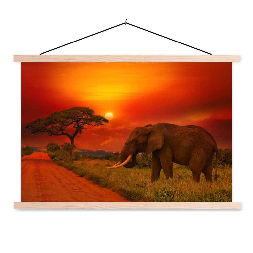 MuchoWow Textilposter Elefant - Sonnenuntergang - Orange - Savanne - Tiere 60x40 cm mit holzfarbenen Rahmen - Bilder