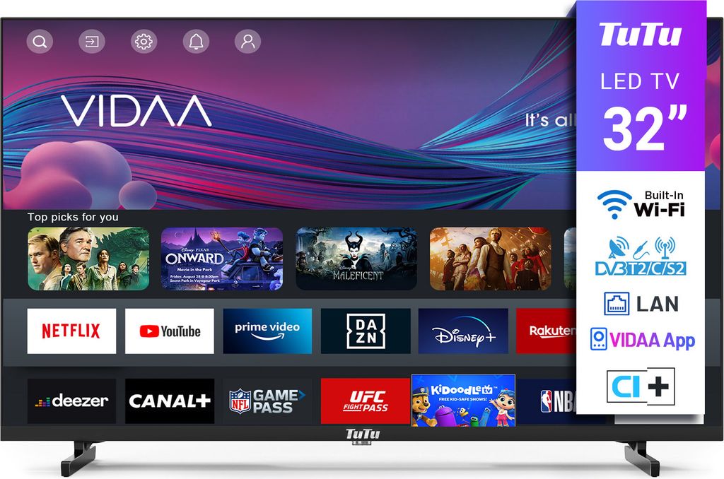 A television screen displaying various streaming app logos and promotional graphics, with a side panel detailing product features.