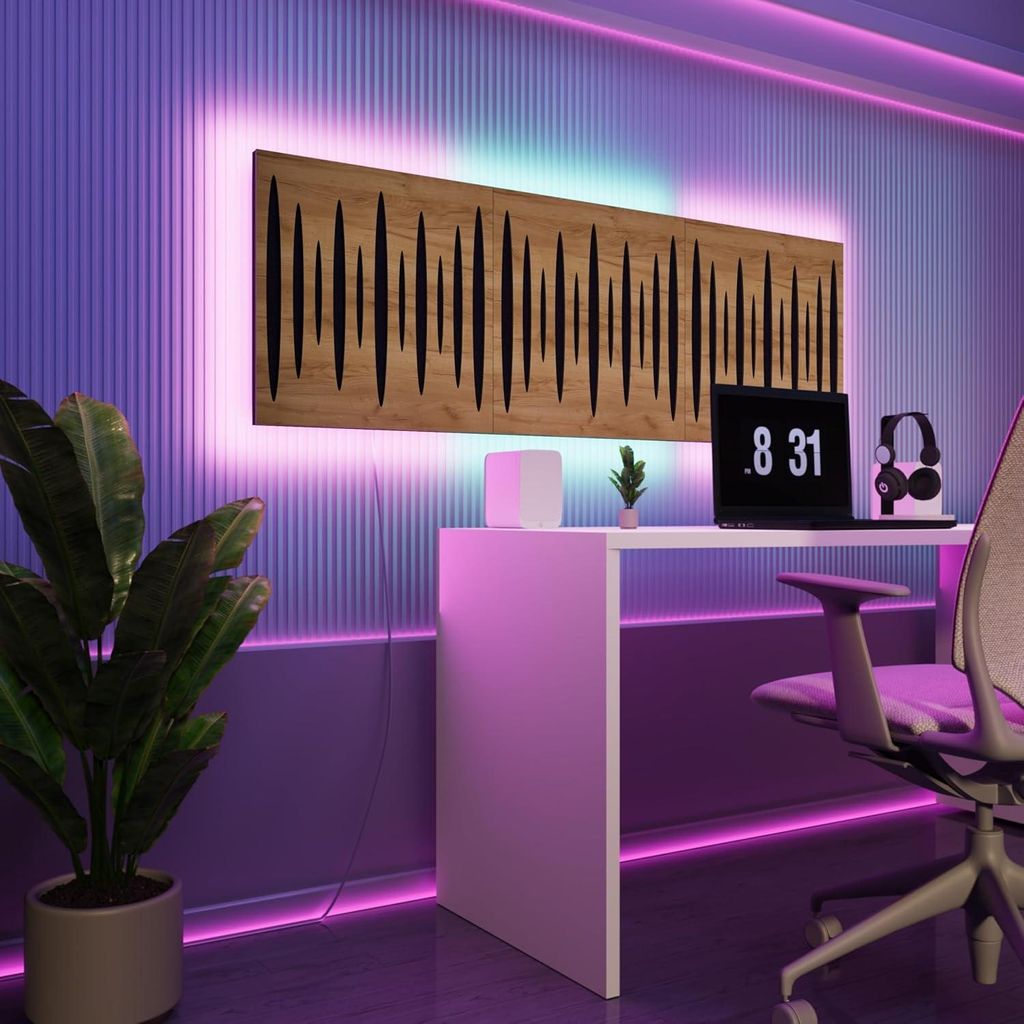 3er-Pack-LED Akustikwandpaneele mit RGB Glow für Echo Control | Schallabsorbierende Paneele mit Backlight |3x PULSAR - Grouped|Eiche