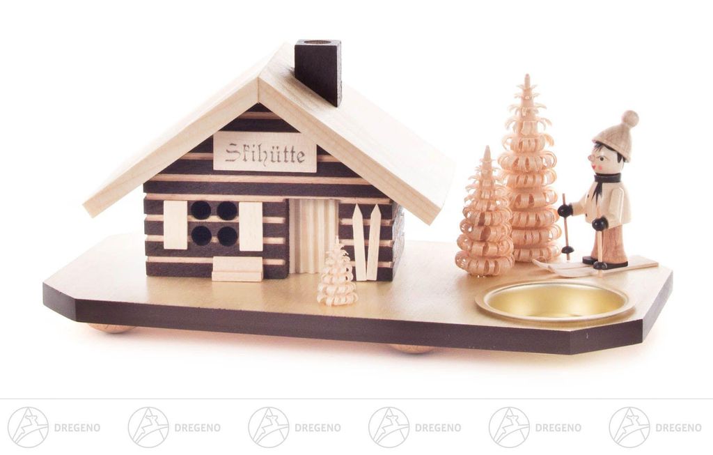 Räucherhaus Skihütte mit Skifahrer, für Teelicht (10cm) von Dregeno Seiffen