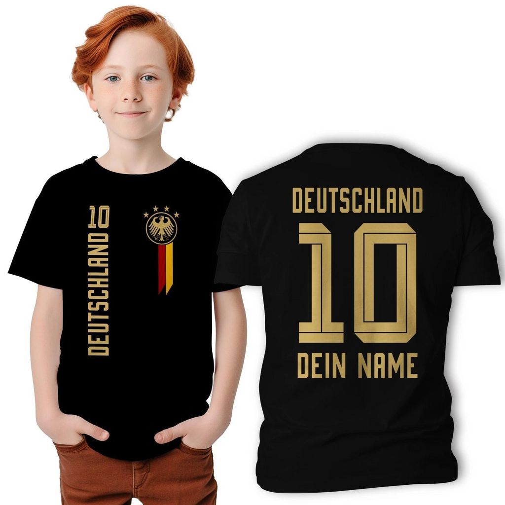 Deutschland WM 2026 Fußball Fan T-Shirt Kinder Jugend Gold Edel WeltmeisterschaftUnisex – Ohne Ärmelprint – Personalisierbar – Schwarz / Go...