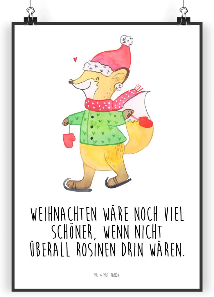 Mr. & Mrs. Panda Bild Fuchs Schlittschuhe DIN A5 - Weiß - Geschenk, Weihnachtsbaum, Tannenbaum, Weihnachten, drucke, Weihnachtsmann, Winter, wandd...