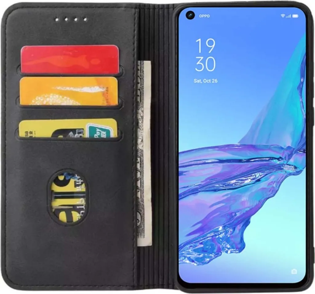 Custodia Portafoglio Con Flip Magnetico Per Oppo A53s – Copertina In PU Con Slot Per Carte E Supporto Per Film (Nero)
