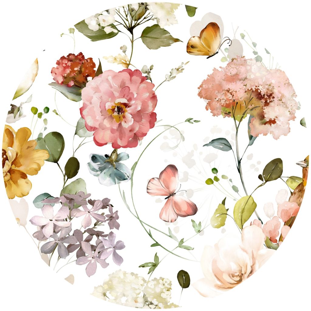 Sticker rund pastellfarbene BLUMEN Blätter Schmetterlinge Natur Wanddekoration Wohnzimmer Kinderzimmer 100 cm x 100 cm