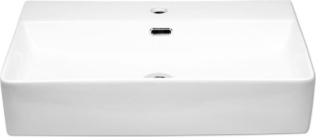 A white ceramic rectangular sink is shown from a front-facing, slightly elevated angle against a white background.