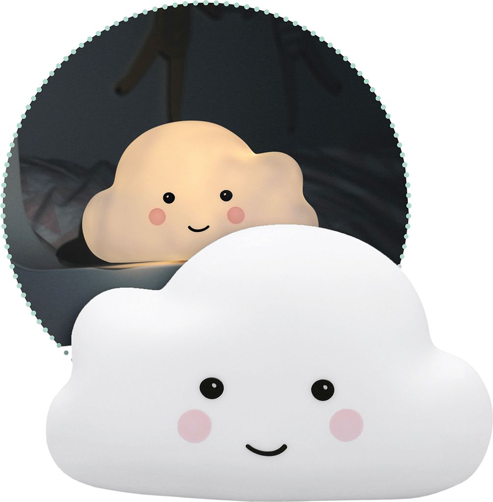 A close-up of a white cloud-shaped night light with a smiling face, with another glowing cloud night light visible in the background.