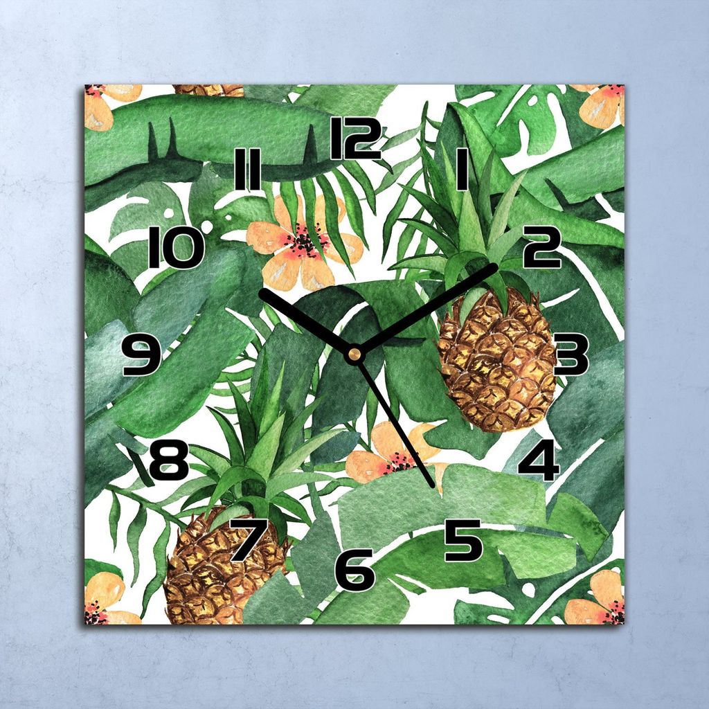 Wanduhr Echt-Glas-Küchenuhr Tropische Blätter & Ananas Quarz 30x30 Deko Bilder
