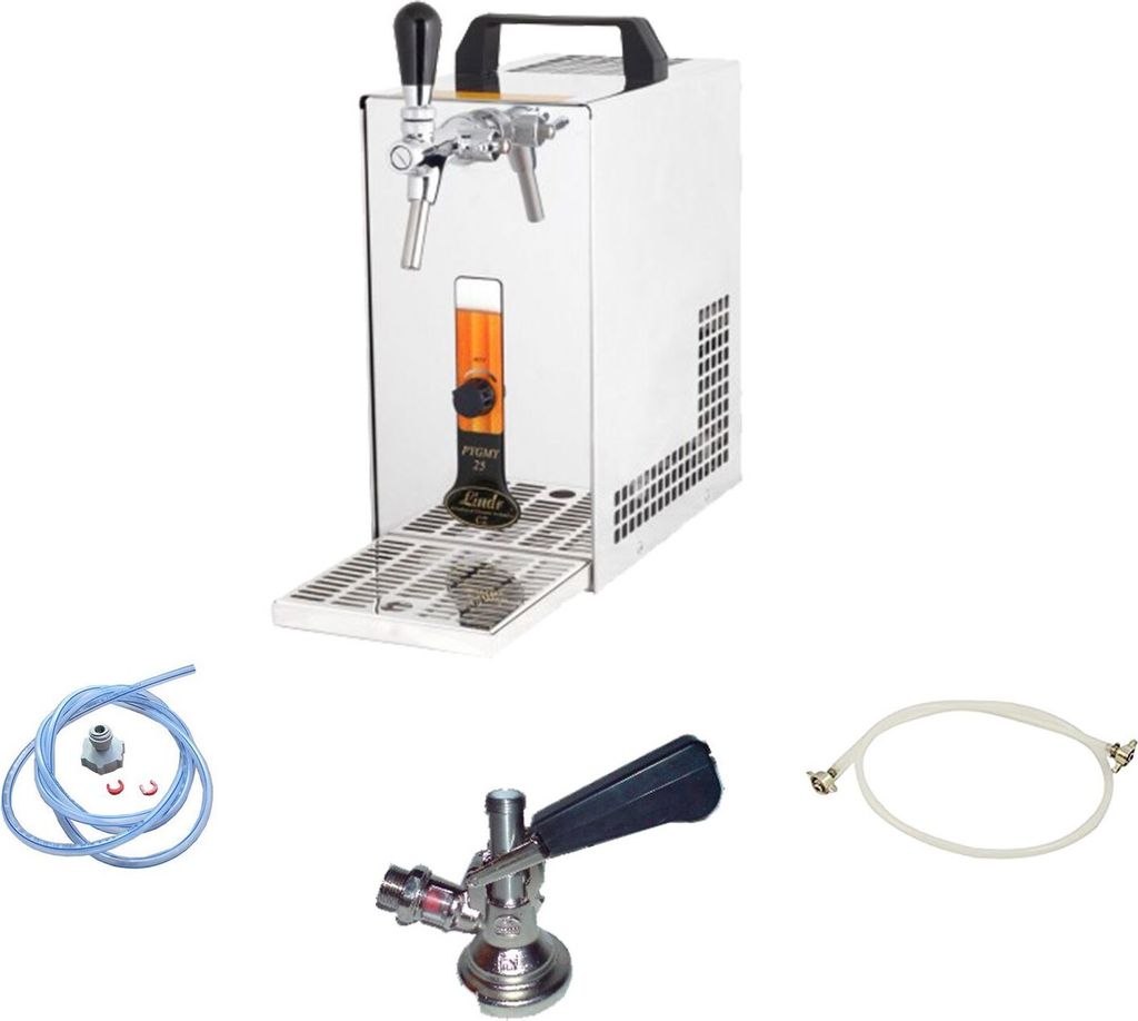 Komplett Set - Zapfanlage, Bierzapfanlage PYGMY 25/K mit Membranpumpe, 1-leitig Trockenkühlgerät aus Edelstahl, 35 Liter/h, Green Line, Korb