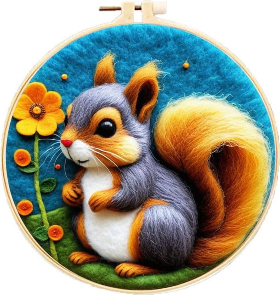 Habarri | Bastelset - Sticken mit Kammwolle - Filzwolle - DIY-Bild - mit Filznadel 4 Stück - Eichhörnchen