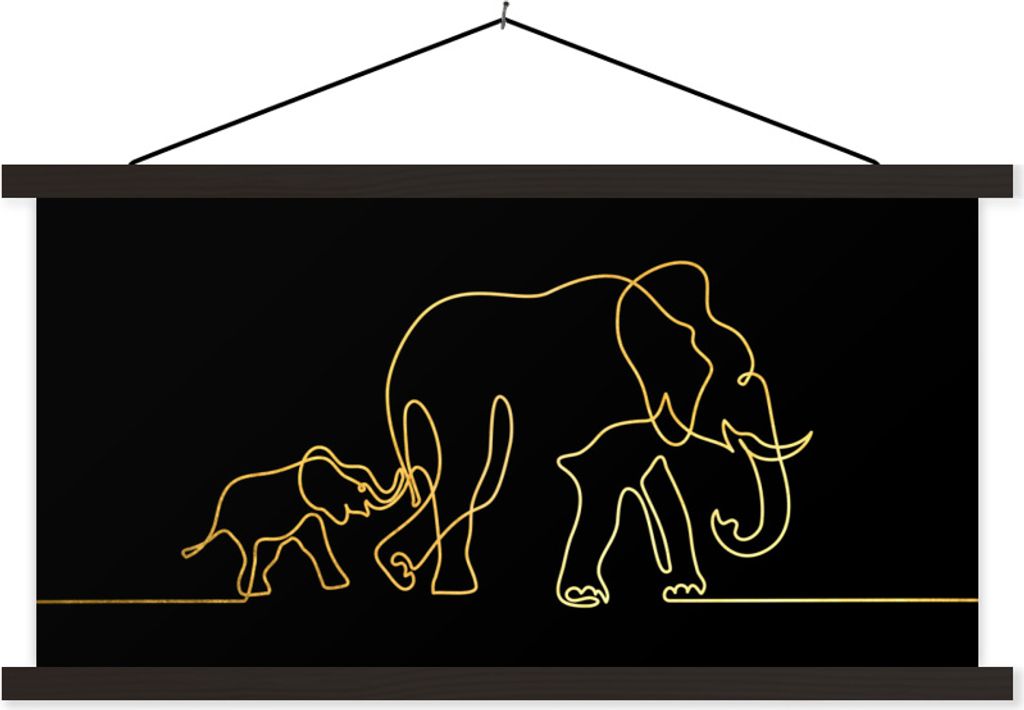 MuchoWow Textilposter Elefant - Gold - Schwarz - Linie - Einfach 150x75 cm mit schwarzem Rahmen - Posterleiste