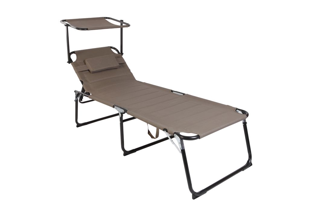 A taupe colored chaise lounge with a sunshade, presented on a white background.