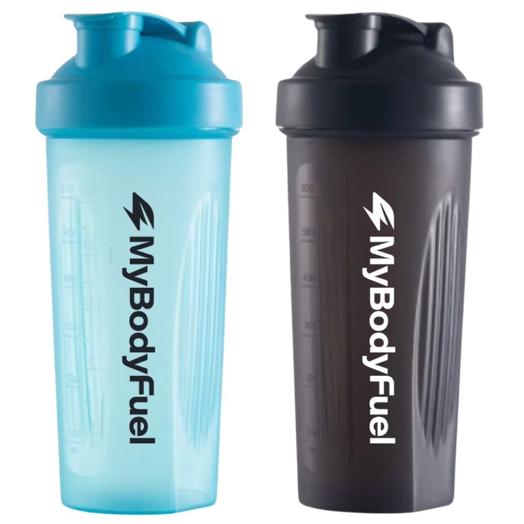 MyBodyFuel Shake Becher (2er Set) – Protein Shaker mit Mixfilter, 700 ml, BPA-frei – Für Smoothies & Proteinshakes (Blau/Schwarz)
