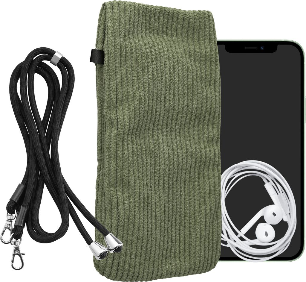kwmobile Handytasche für Smartphones XXL - 7" Handy Tasche - Cord Handy Hülle Graugrün mit Kordel - Tasche mit Handykette 17,7 x 9 cm Innenmaße