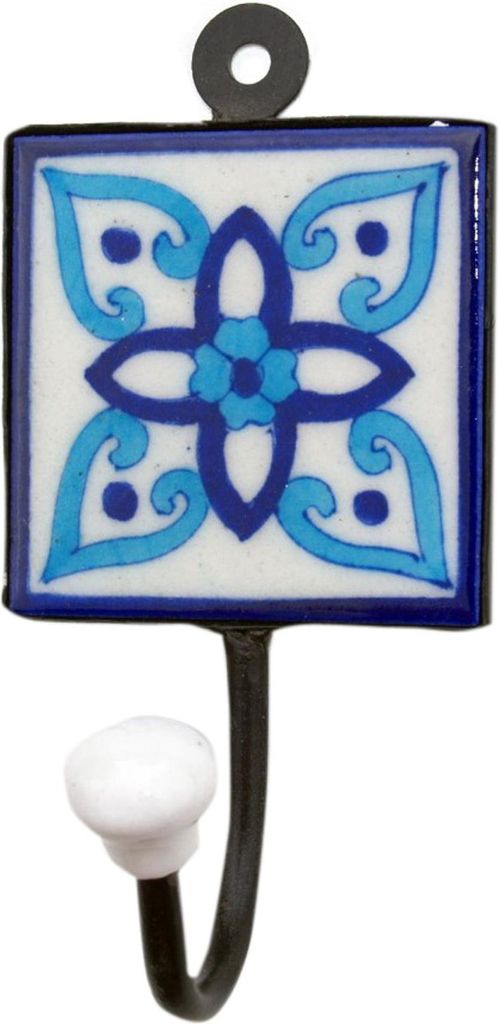 Wandhaken, Garderobenhaken mit Handgefertigter Fliese, Kleiderhaken (8*8 cm) - Modell 5, Weiß, Keramik,Metall, Wandhaken aus Holz, Metall & Keramik