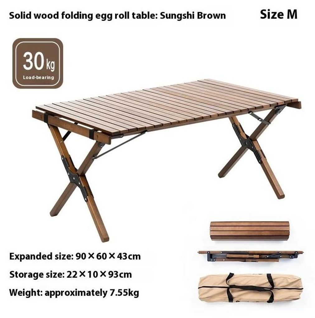 Klapptisch Camping aus Buchenholz - Rolltisch 120×60 cm - Faltbar - Tragkraft 30 kg - Für Outdoor, Camping, Picknick - Braun M