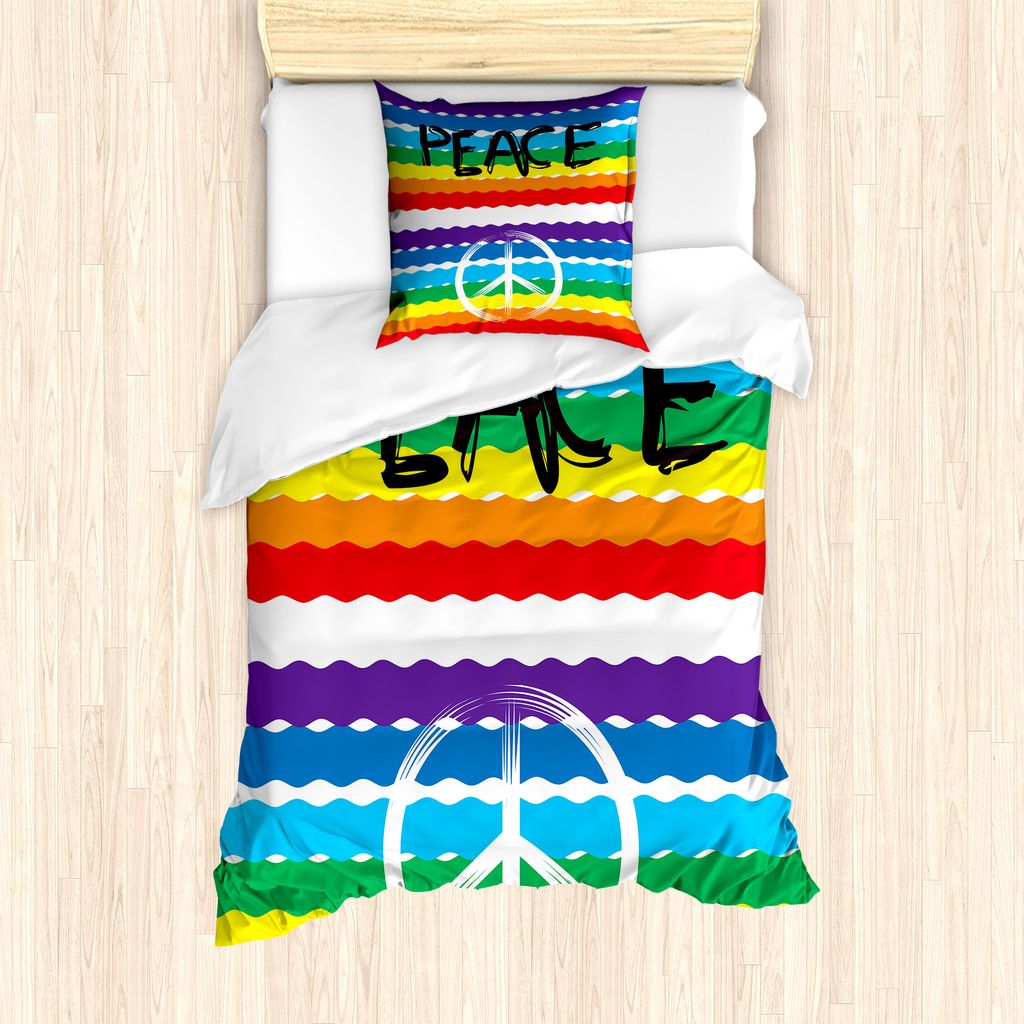 ABAKUHAUS Retro Bettbezug Set für Einzelbetten, Streifen-Frieden Beschriftung, Milbensicher Allergiker geeignet mit Kissenbezug, 135 cm x 200 cm -...