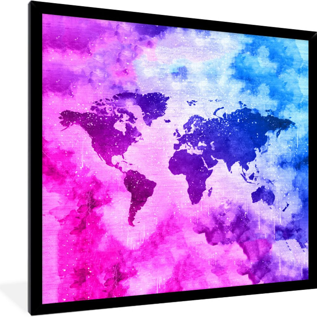 MuchoWow MuchoWow Gerahmtes Poster Weltkarte - Rauch - Farben 40x40 cm - Poster mit zchwarzem Bilderrahmen - Mit Rahmen - Wanddekoration Schlaf...