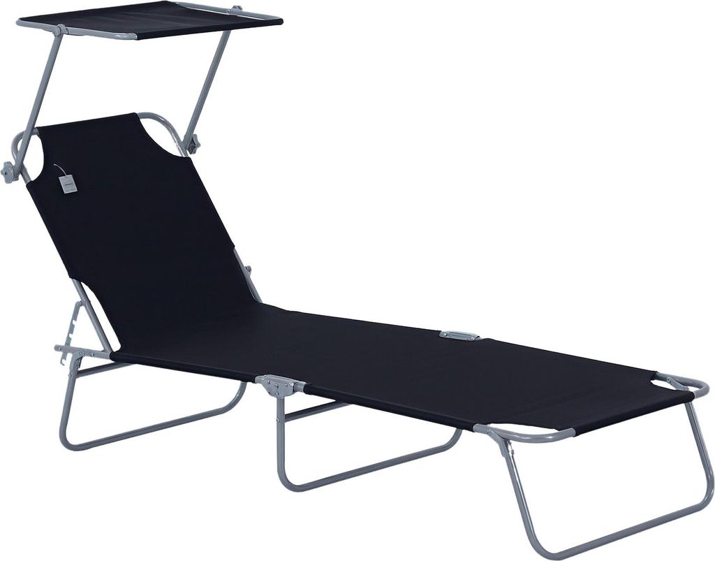 klappbarer Sonnenliegestuhl mit Sonnenschutz, 4-fach verstellbare Rückenlehne, belastbar bis 120 kg, für Garten, Balkon & Pool – Schwarz