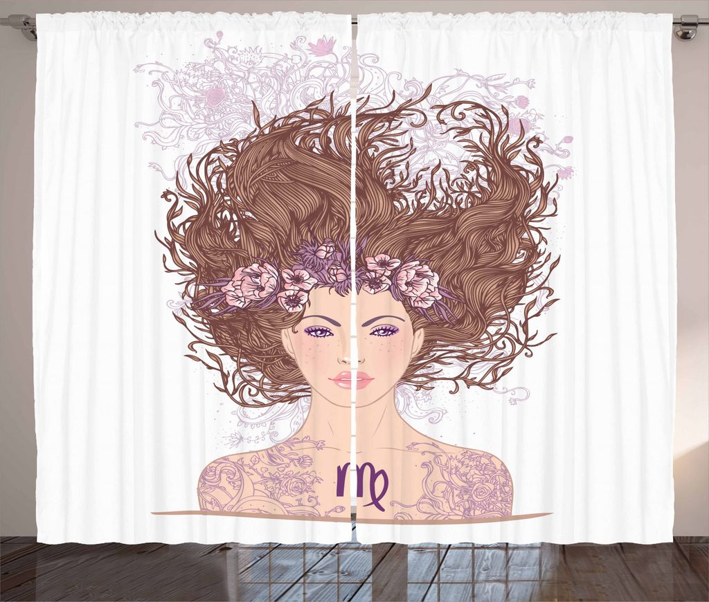 ABAKUHAUS Sternzeichen Jungfrau Rustikaler Gardine, Junges Mädchen mit Blumen, Schlafzimmer Kräuselband Vorhang mit Schlaufen und Haken, 280 x 22...