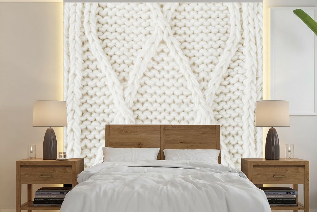 MuchoWow Fototapete für Wohnzimmer oder Schlafzimmer Wandtapete Vinyl Motivtapete Pullover - Muster - Weiß - 220x220 cm - Tapeten