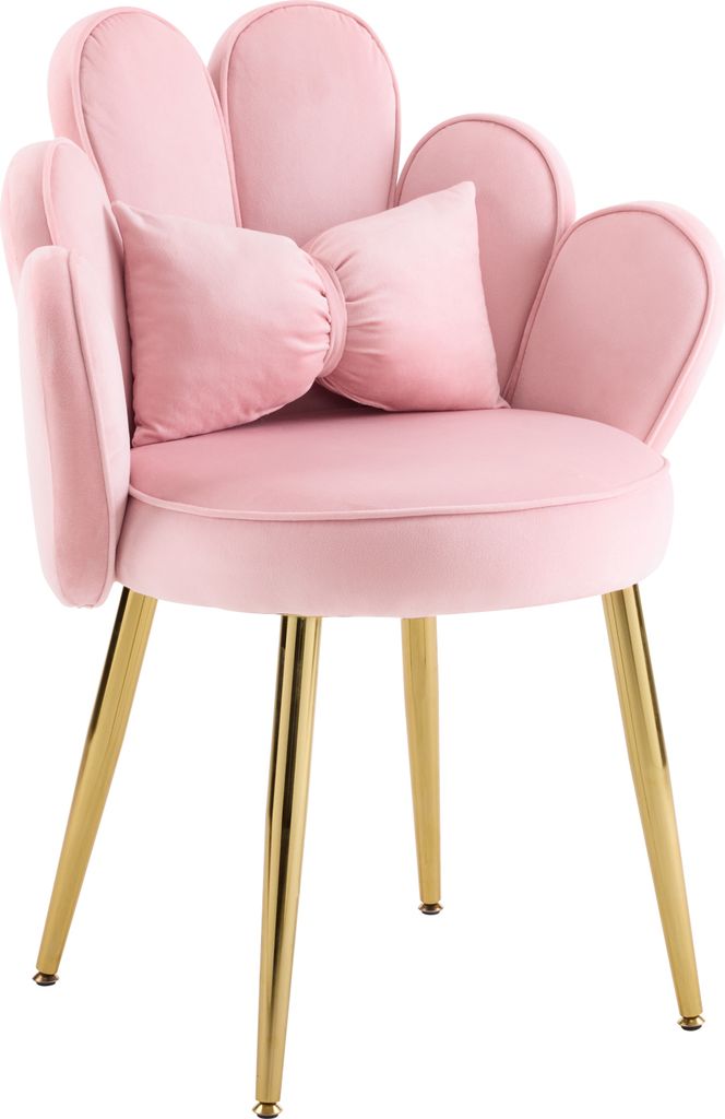 A pink velvet armchair with gold legs and two decorative pillows.