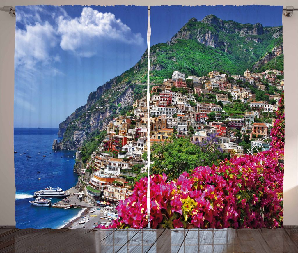 ABAKUHAUS Italien Rustikaler Gardine, Positano Amalfi Neapel, Schlafzimmer Kräuselband Vorhang mit Schlaufen und Haken, 280 x 225 cm, Grün Rosa Blau